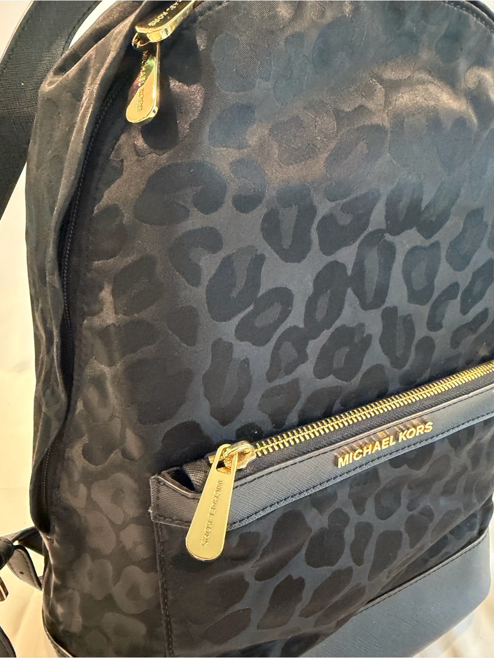 Michael Kors Black Leopard-Print Nylon Backpack with Gold Accents - Picture 3 of 5